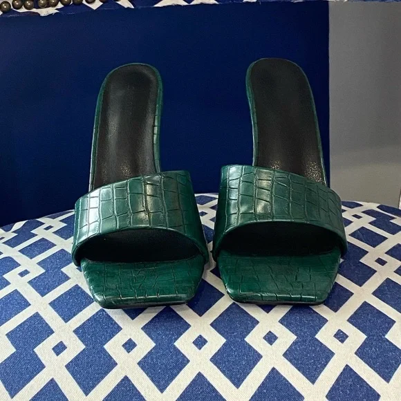 Dark green croc embossed print square toe high heel mule sandals sz 10 - Picture 3 of 7